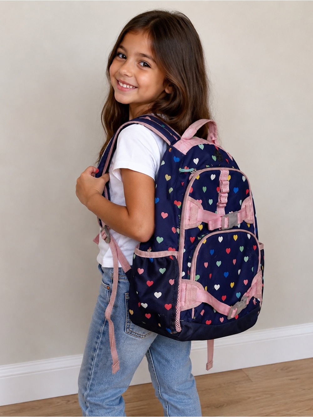 Pottery Barn Kids Mackenzie Heart Pattern Backpack - Navy and Pink
